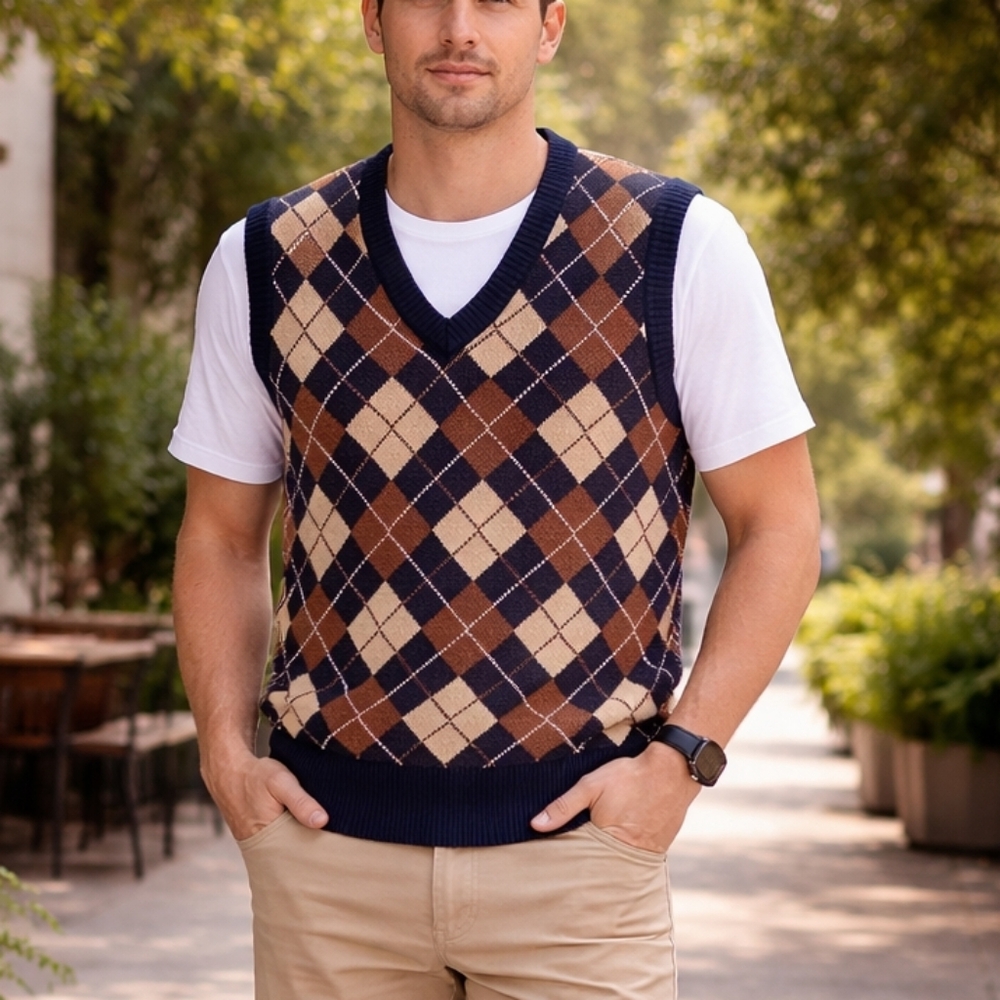 Vintage KP Argyle Knit Sweater Vest Navy Blue Brown Size L Made in Hong Kong